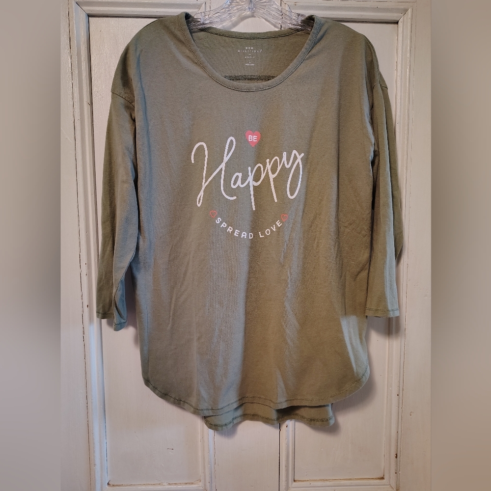 New Directions Studio 3/4 Sleeve Shirt Be Happy Spread Love Size Large